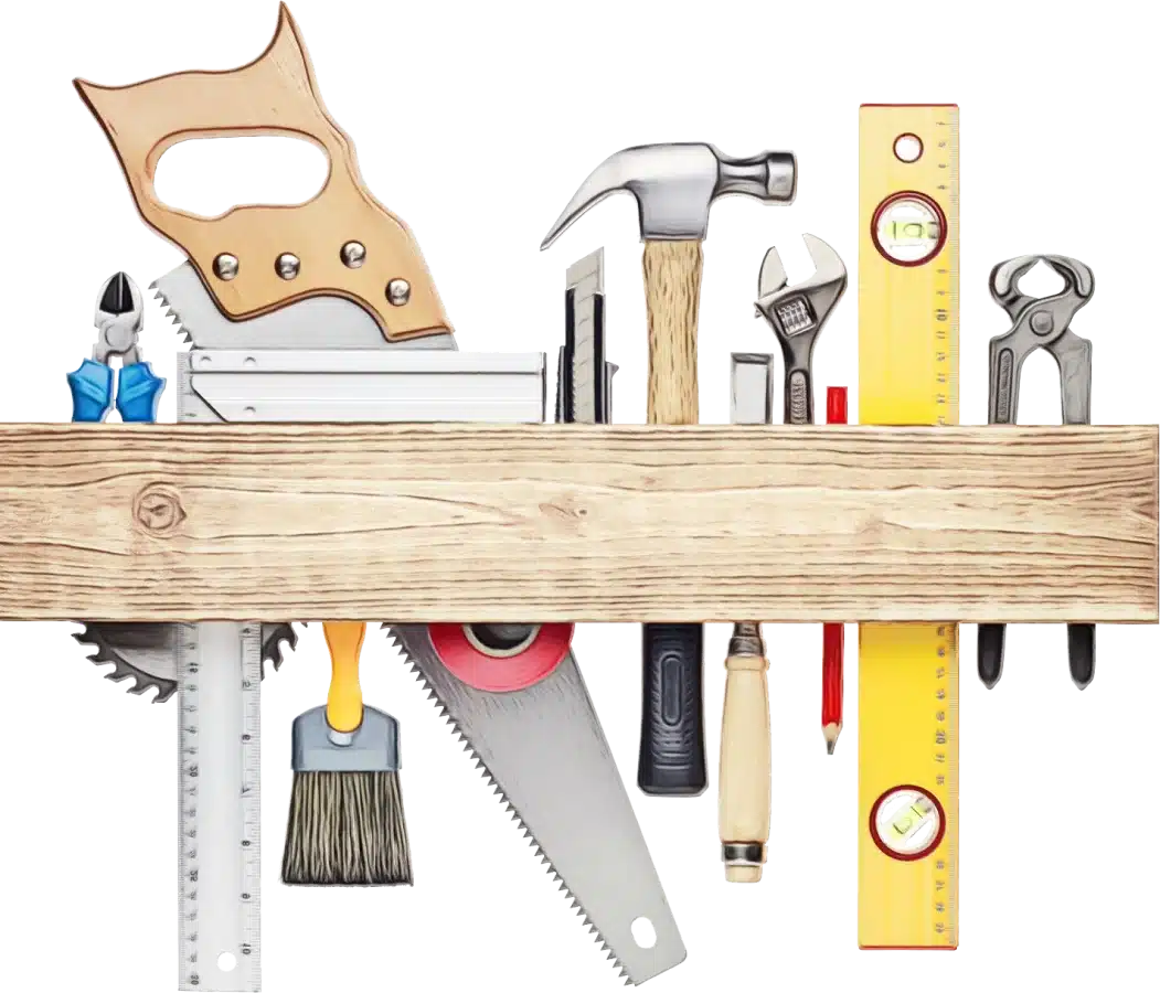 Étagère avec outils de menuiserie — scie, marteau, pince, mètre, pinceau et niveau à bulle